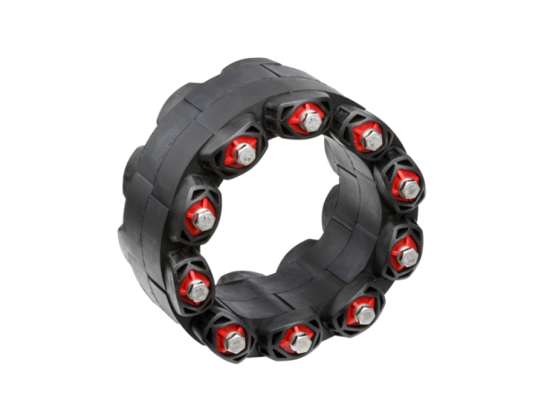 Schwarze Ringraumdichtung mit roten Elementen auf weissem Hintergrund.